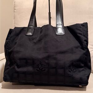 Authentic Vintage Chanel Travel Line Shoulder Tote Bag Nylon Leather Black